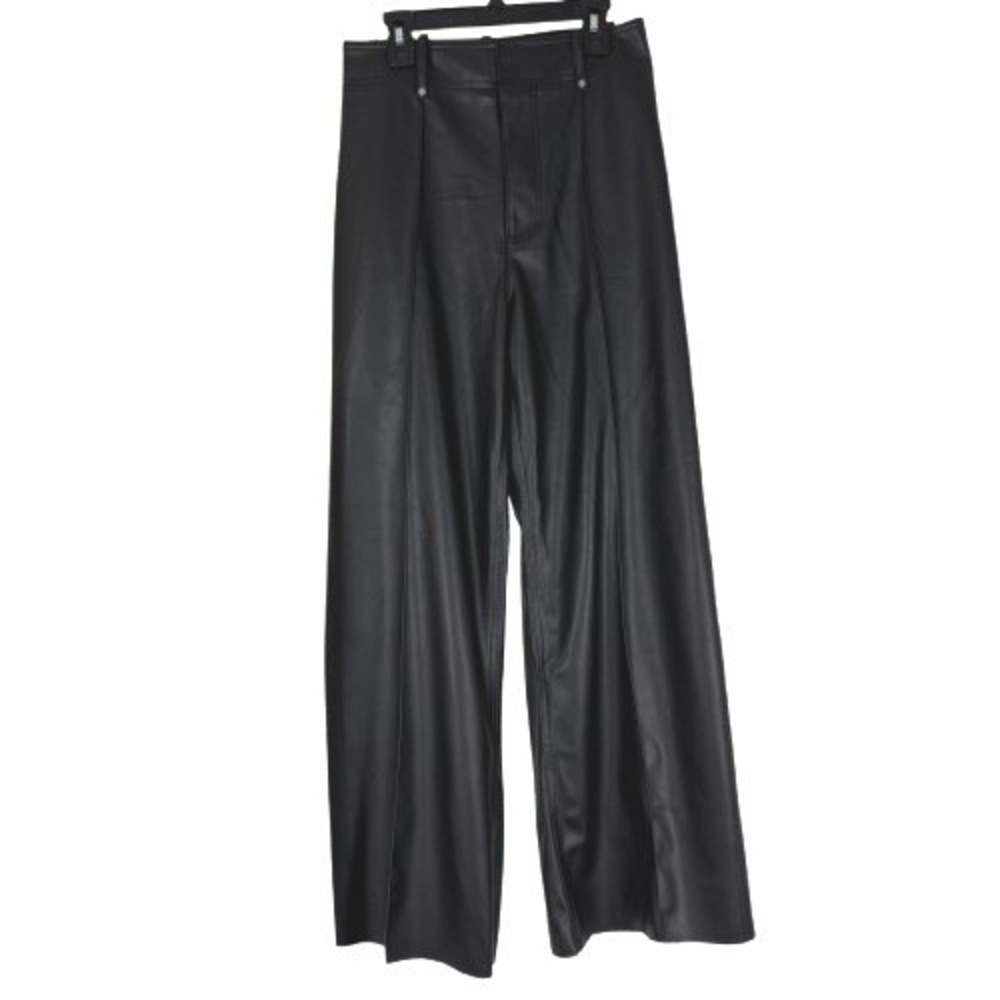 Zara Black Faux Leather Wide Leg Pants Pleat Front Trousers Edgy Office Size 2